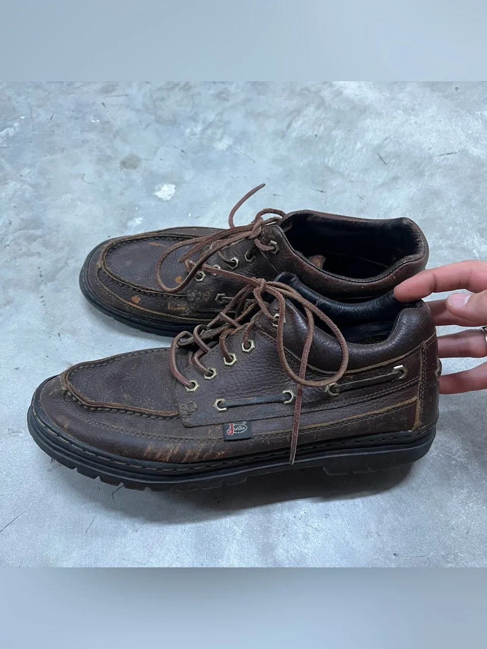 Justin 994 Vintage Brown Pebble Grain Leather Lug Sole Boat Boots Men’s 10.5
